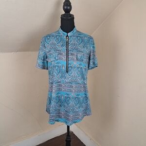 LURANEE Womens Casual Paisley Blue Tunic Top Short Sleeve Flowy Loose Size L